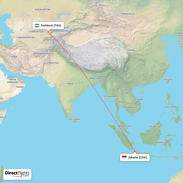 Tashkent - Jakarta direct flight map