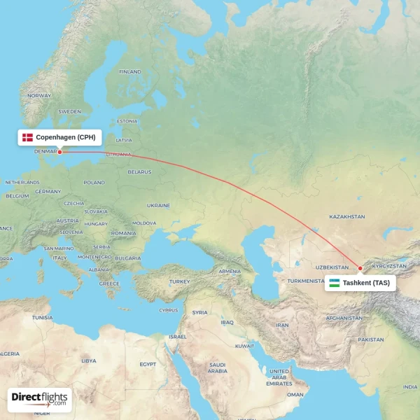 Tashkent - Copenhagen direct flight map