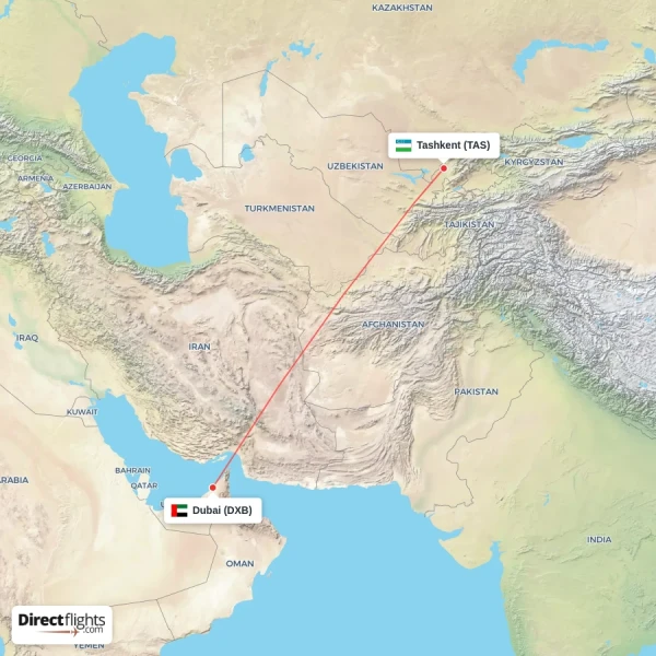 Tashkent - Dubai direct flight map