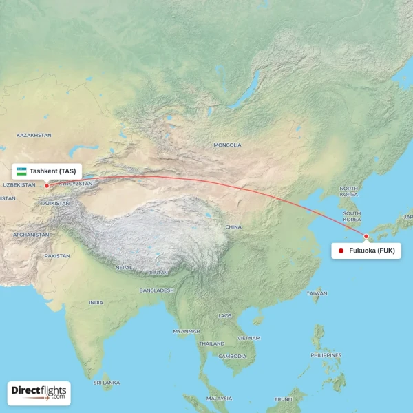 Tashkent - Fukuoka direct flight map