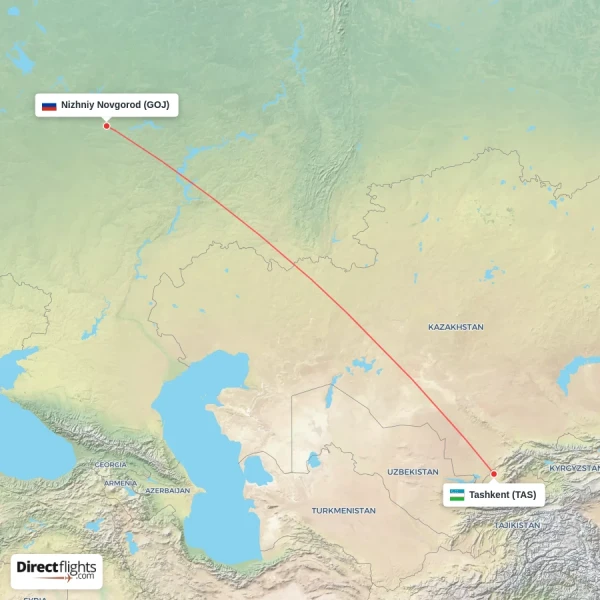 Tashkent - Nizhniy Novgorod direct flight map
