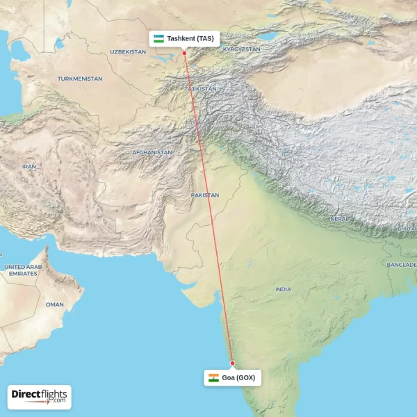 Tashkent - Goa direct flight map