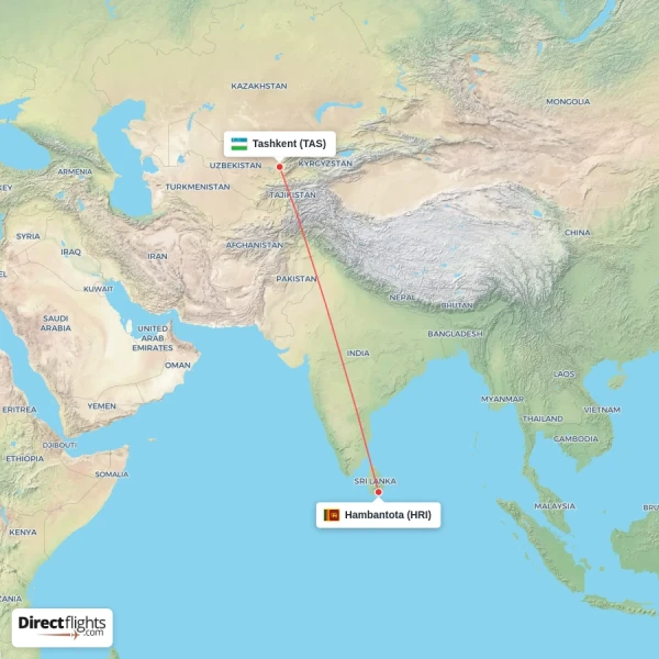 Tashkent - Hambantota direct flight map