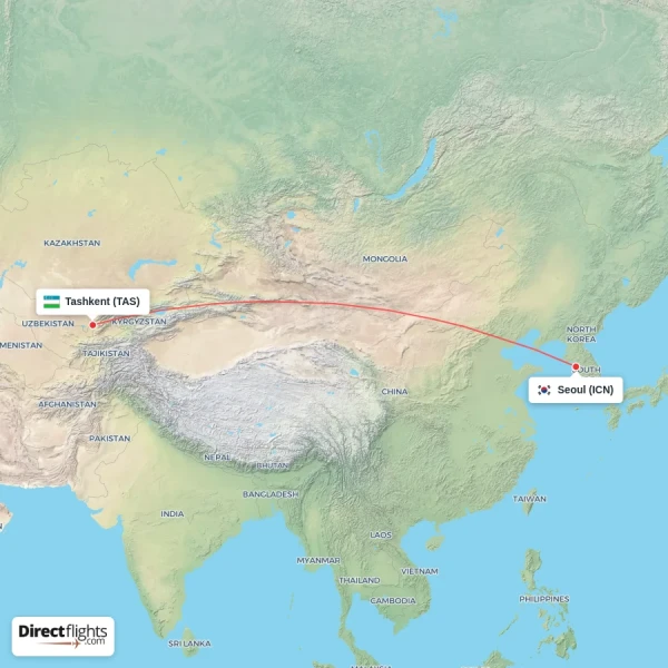 Tashkent - Seoul direct flight map