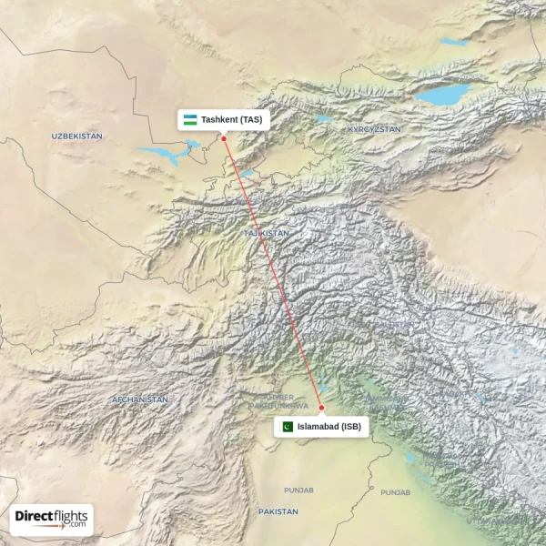 Tashkent - Islamabad direct flight map