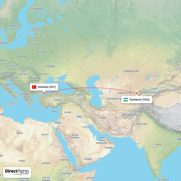 Tashkent - Istanbul direct flight map