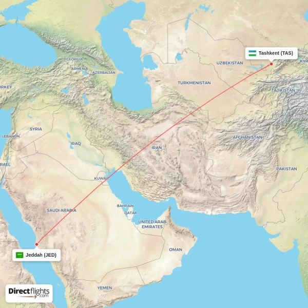 Tashkent - Jeddah direct flight map