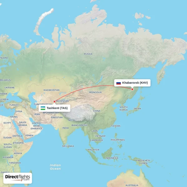 Tashkent - Khabarovsk direct flight map