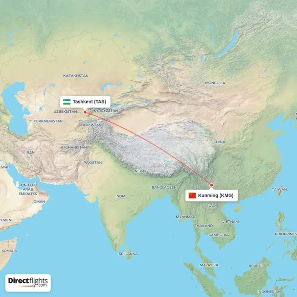 Tashkent - Kunming direct flight map