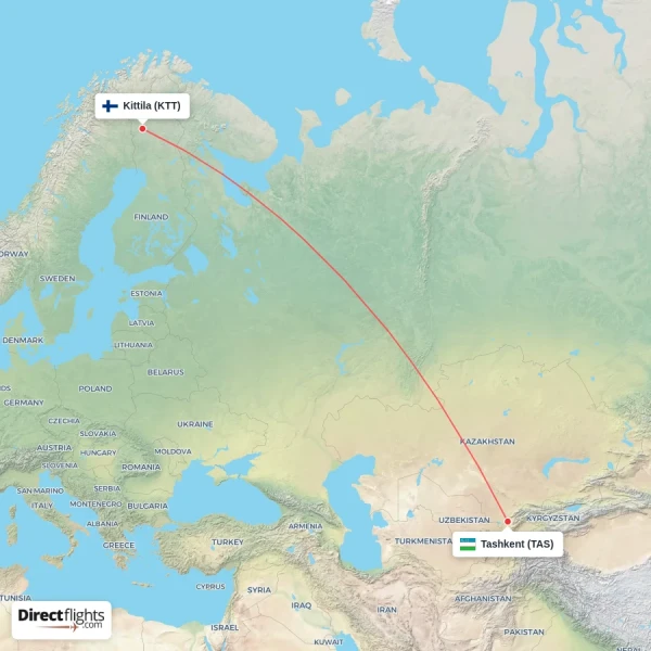 Tashkent - Kittila direct flight map