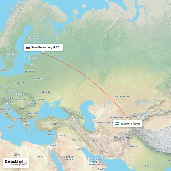 Tashkent - Saint Petersburg direct flight map