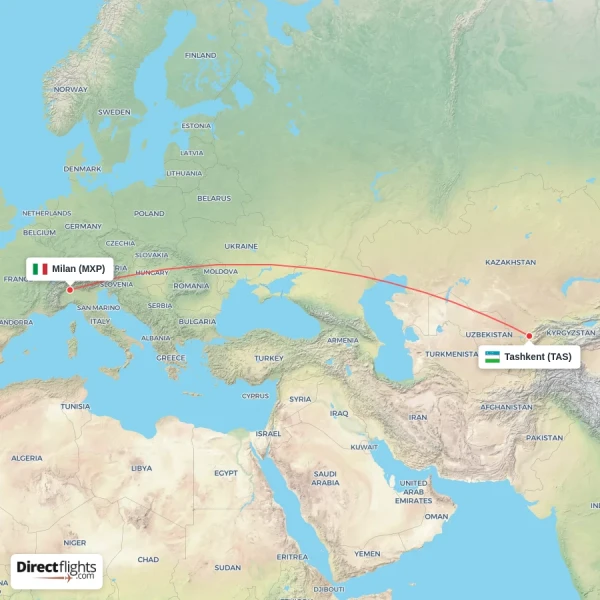 Tashkent - Milan direct flight map