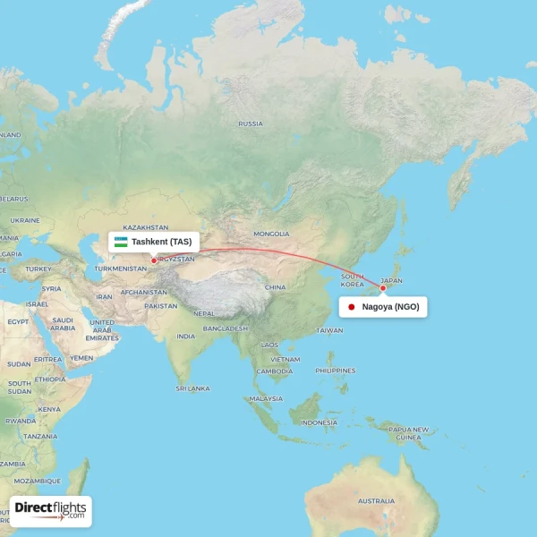 Tashkent - Nagoya direct flight map