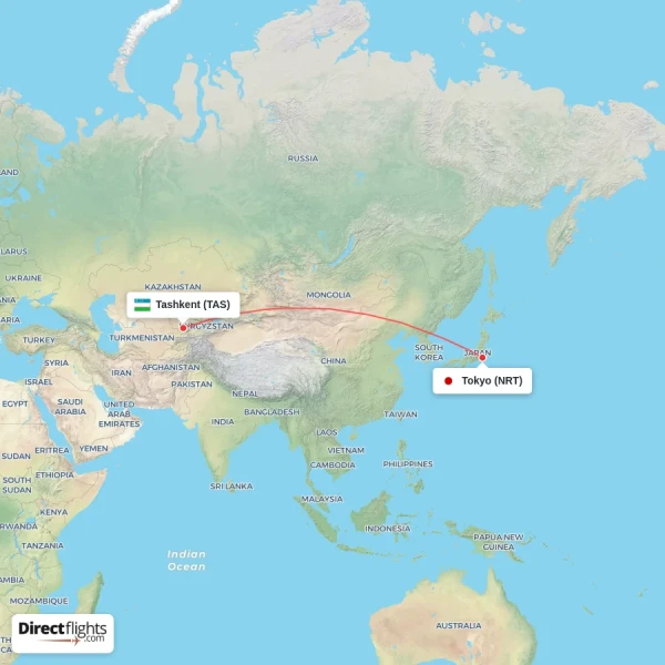 Tashkent - Tokyo direct flight map