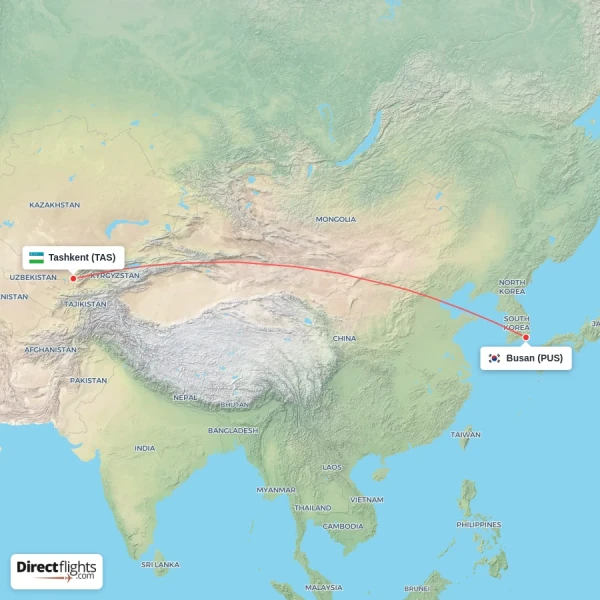 Tashkent - Busan direct flight map