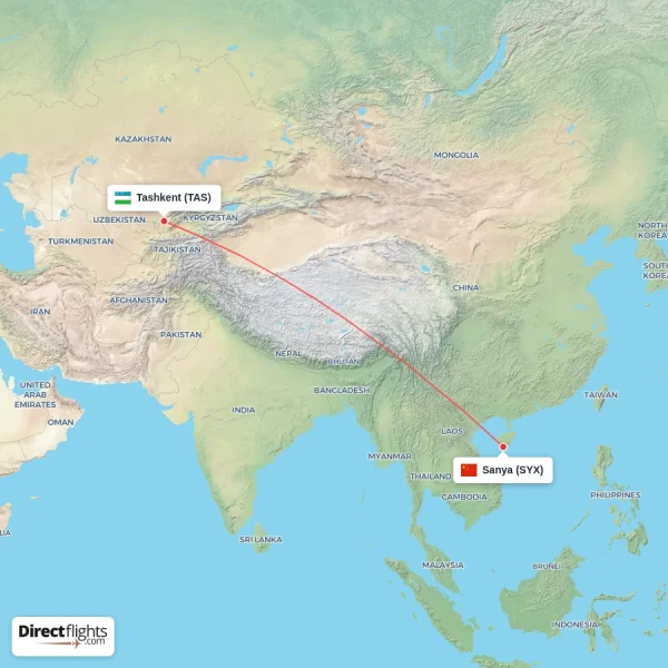 Tashkent - Sanya direct flight map