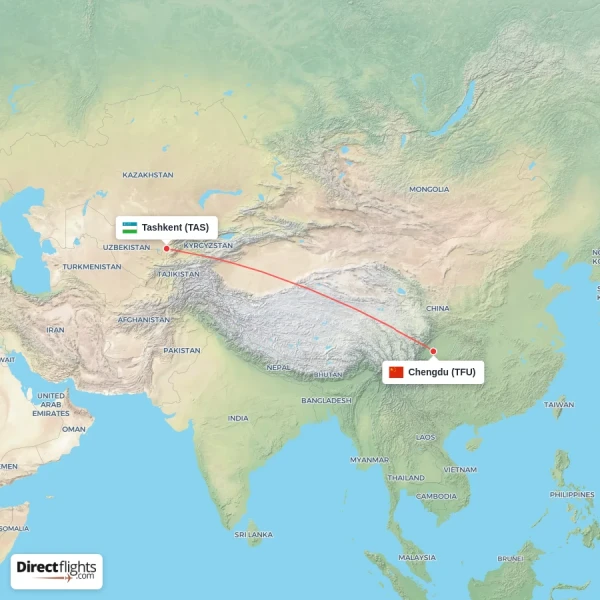 Tashkent - Chengdu direct flight map