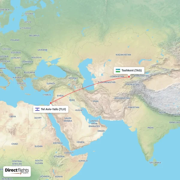 Tashkent - Tel Aviv-Yafo direct flight map