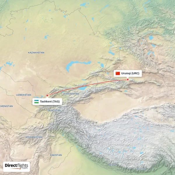Tashkent - Urumqi direct flight map