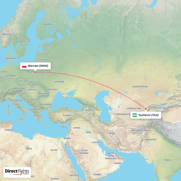 Tashkent - Warsaw direct flight map