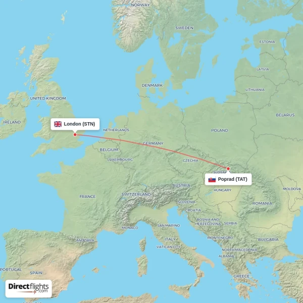 Poprad - London direct flight map