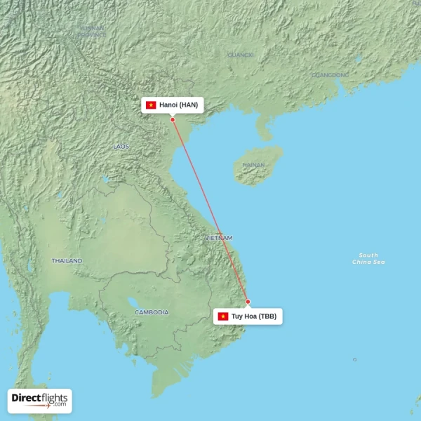 Tuy Hoa - Hanoi direct flight map