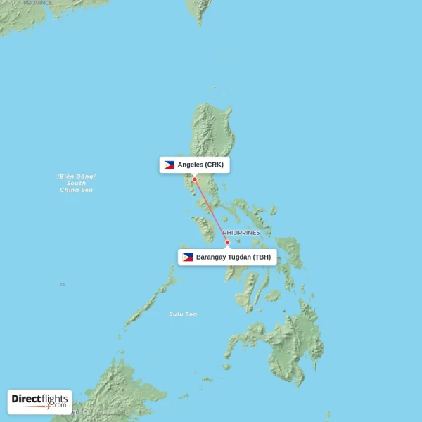 Barangay Tugdan - Angeles direct flight map