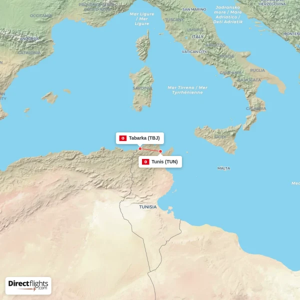 Tabarka - Tunis direct flight map