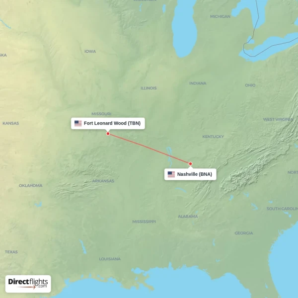 Fort Leonard Wood - Nashville direct flight map
