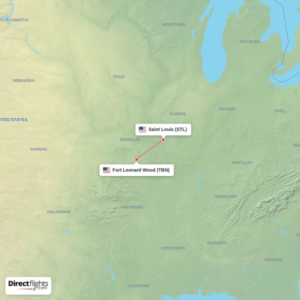 Fort Leonard Wood - Saint Louis direct flight map