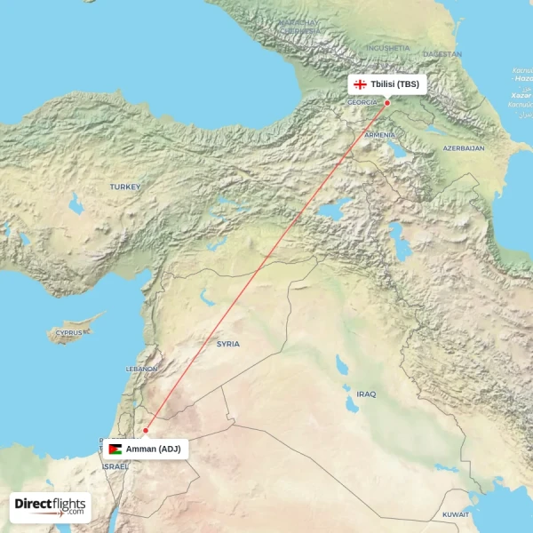 Tbilisi - Amman direct flight map