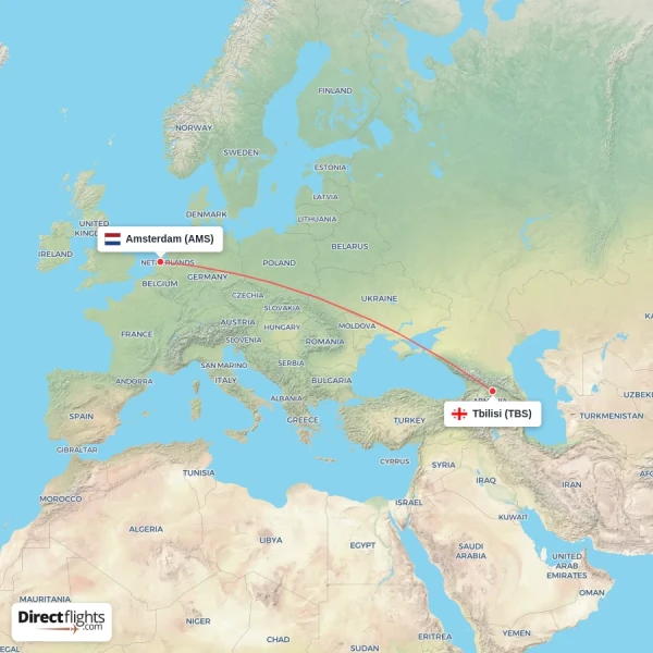 Tbilisi - Amsterdam direct flight map