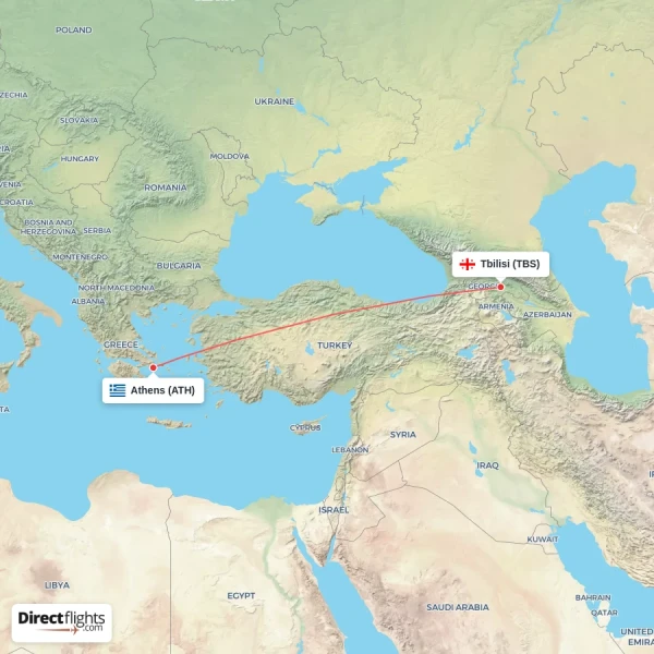 Tbilisi - Athens direct flight map