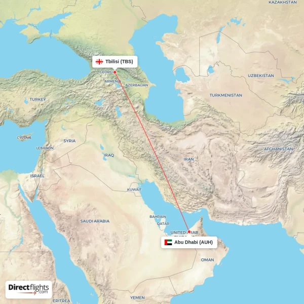 Tbilisi - Abu Dhabi direct flight map