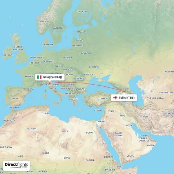 Tbilisi - Bologna direct flight map