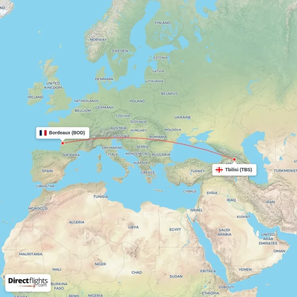 Tbilisi - Bordeaux direct flight map