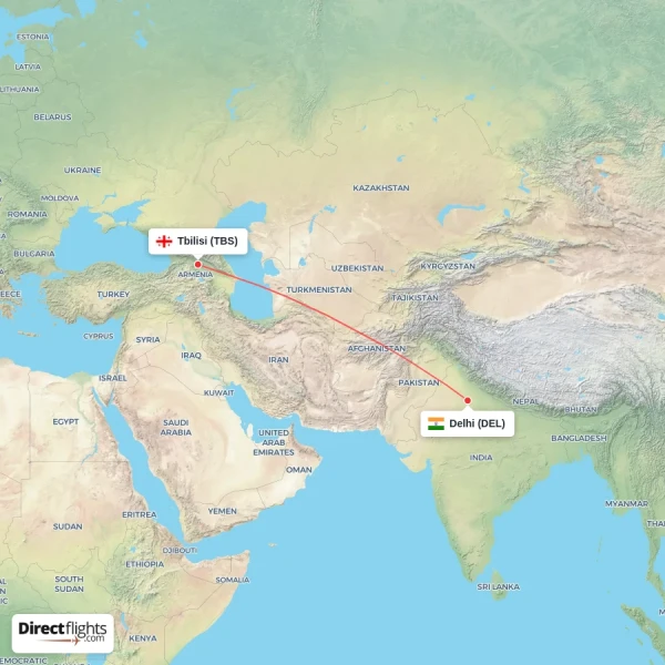 Tbilisi - Delhi direct flight map