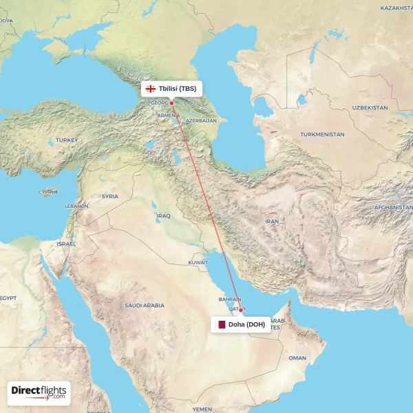 Tbilisi - Doha direct flight map