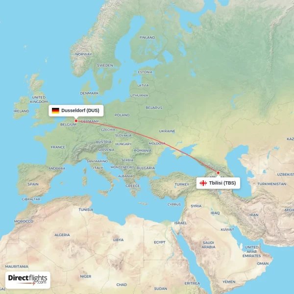 Tbilisi - Dusseldorf direct flight map