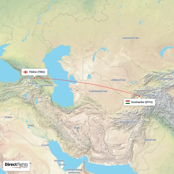 Tbilisi - Dushanbe direct flight map
