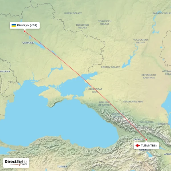 Tbilisi - Kiev/Kyiv direct flight map