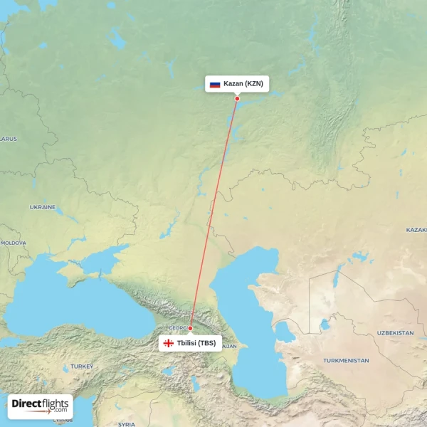 Tbilisi - Kazan direct flight map