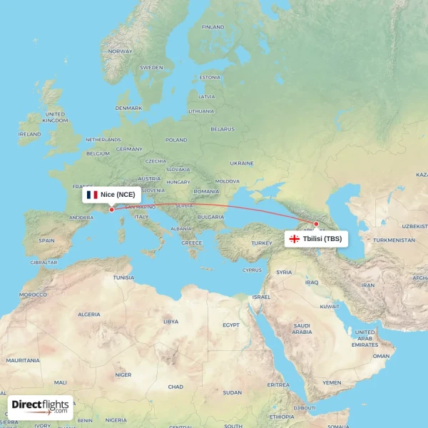 Tbilisi - Nice direct flight map
