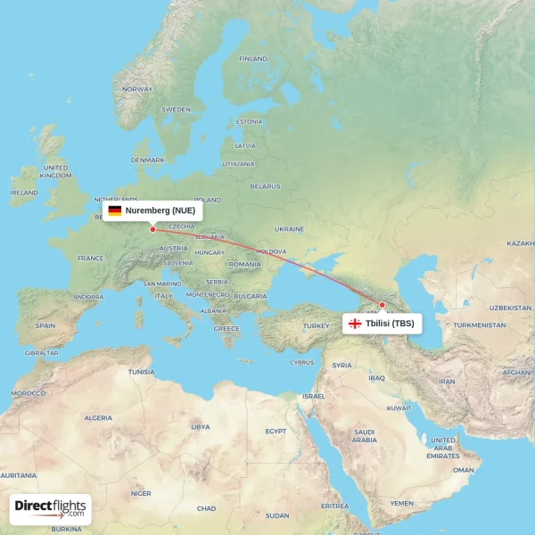 Tbilisi - Nuremberg direct flight map