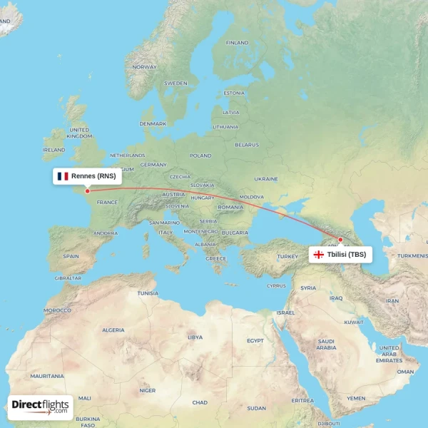 Tbilisi - Rennes direct flight map