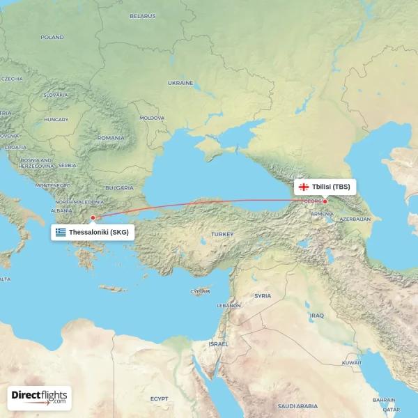Tbilisi - Thessaloniki direct flight map