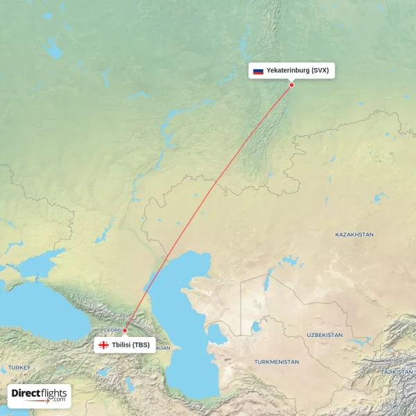 Tbilisi - Yekaterinburg direct flight map