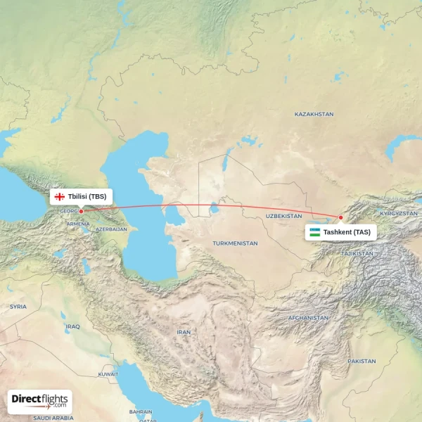 Tbilisi - Tashkent direct flight map
