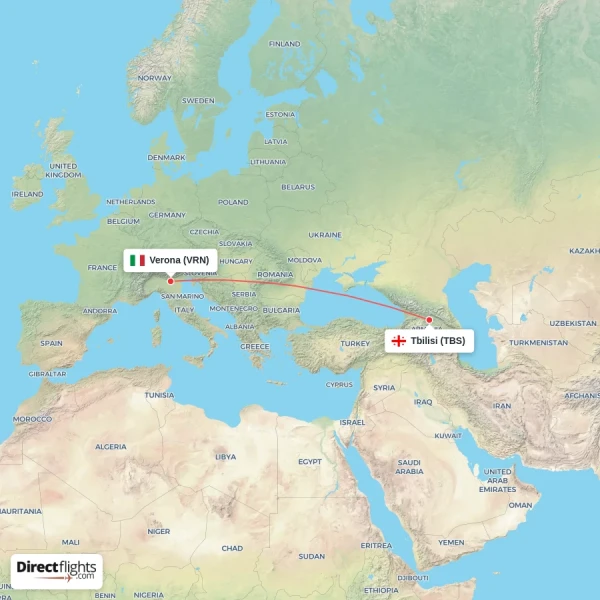 Tbilisi - Verona direct flight map
