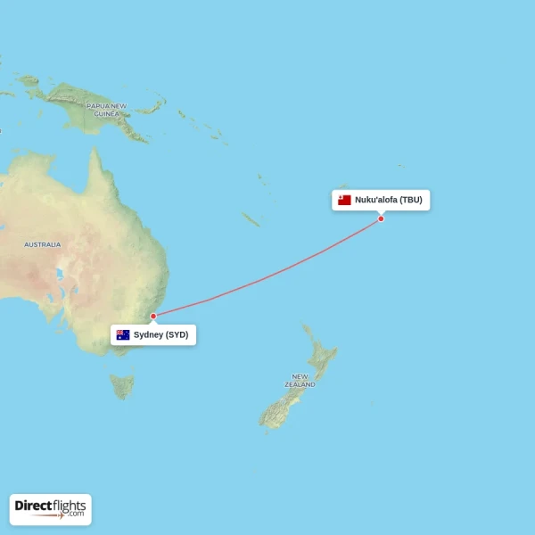 Nuku'alofa - Sydney direct flight map